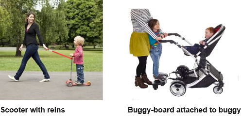 Scooter with reins and buggy board attached to buggy