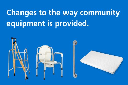 Blue background with photographs of crutches, a door handle and a mattress