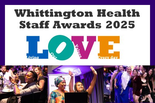 Living our values every day in bold colours, with thumbnail photos of staff holding trophies