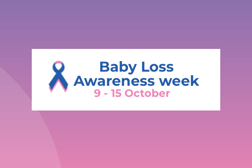 Graphic of the baby loss awareness week logo on pink and blue background