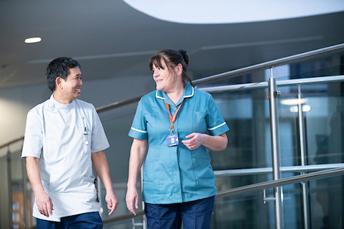 Two nurses discussing research