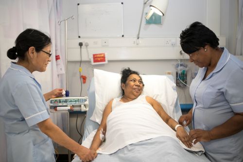 Two nurses either side of patient lying in hospital bed