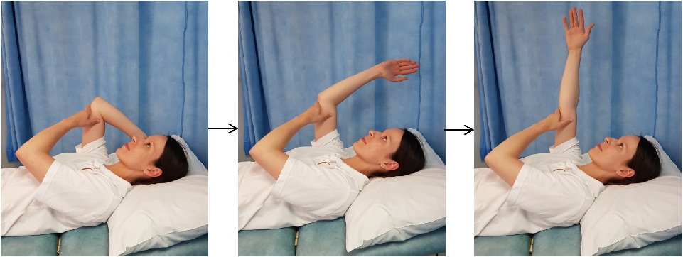 Images demonstrating elbow exercises lying down